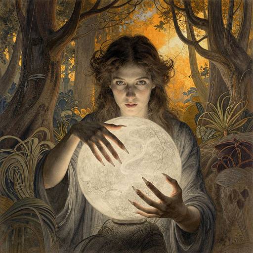 Digital art: Pale woman with wavy brown hair holds glowing full moon in forest; orange sunlight filters through trees; she gazes intently.