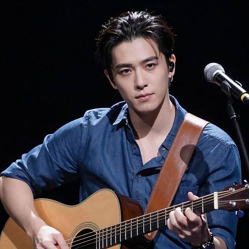 Blue-Shirt Guitarist Portrait with Microphone