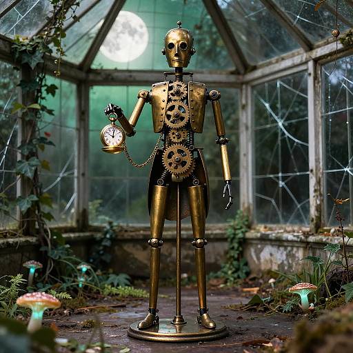 Antique Brass Automaton with Pocket Watch in Overgrown Conservatory