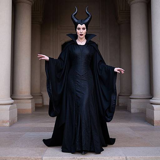 Photograph of a pale-skinned woman with dark makeup, black horned headpiece, and flowing black gown, standing in a grand, columned