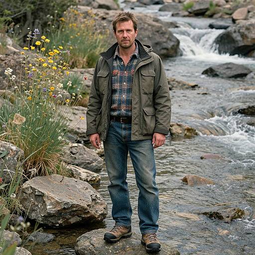 Photograph of a rugged, bearded man in a green jacket and plaid shirt standing by a rocky stream with yellow wildflowers.