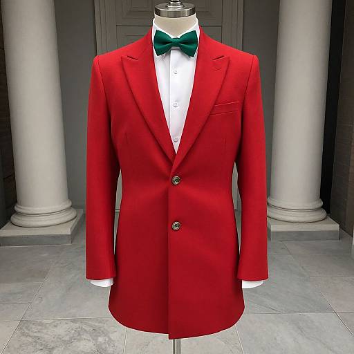 Photograph of a red tuxedo jacket with green bow tie, white dress shirt, displayed on a mannequin against a classical column background.
