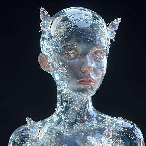 Photorealistic digital artwork of a transparent, glass-like female figure with glowing blue light, adorned with ethereal white butterflies on her head and shoulders,