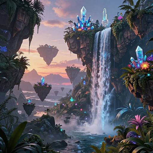 Fantasy digital painting: glowing blue crystals atop a cascading waterfall amidst floating islands, lush greenery, and vibrant flora under a sunset sky.