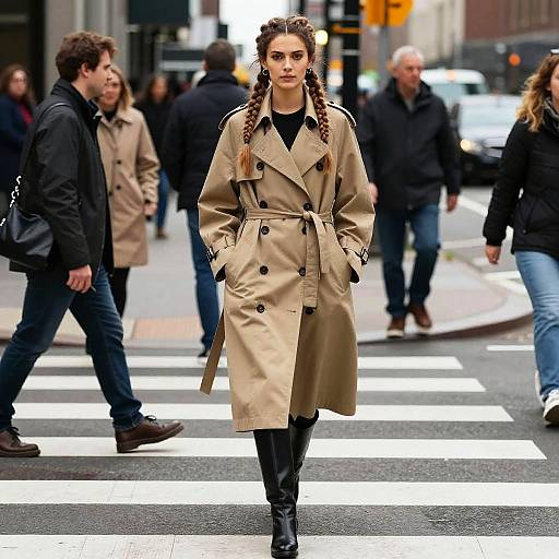 Stylish Woman with Bubble Braids in Trench Coat Walking in City