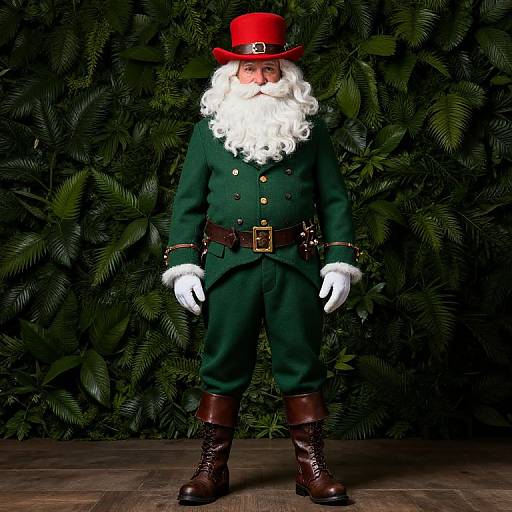 Photograph of a Santa Claus figure with a red top hat, white beard, green coat, brown boots, and white gloves, standing in front of