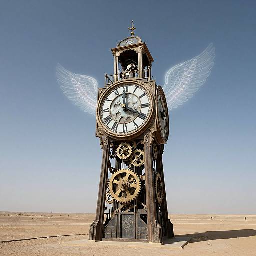 Photograph of a tall, ornate clock tower with angel wings digitally added, standing in a desert under a clear blue sky.