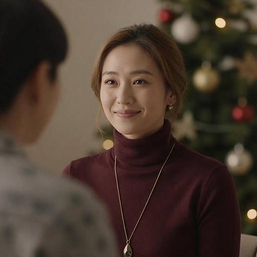 Photograph of a smiling Asian woman with brown hair, wearing a maroon turtleneck and gold necklace, facing a blurred person, with a Christmas