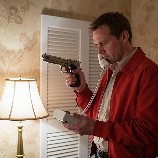 Man Holding Gun and Vintage Phone Indoors