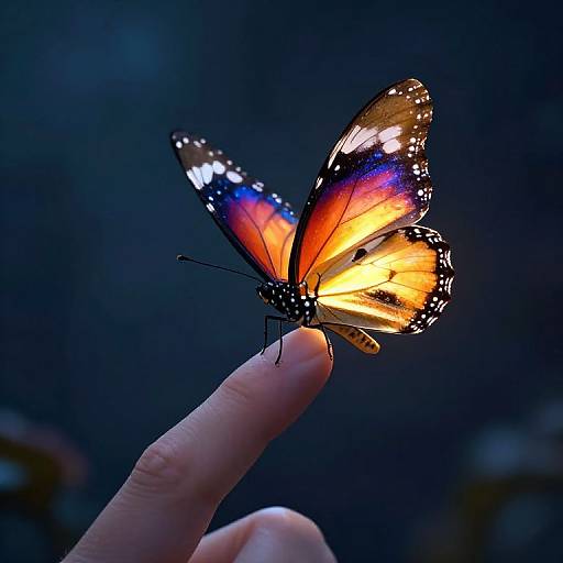 Photograph of a vibrant butterfly with orange, yellow, and blue wings, perched on a finger against a dark, blurred background.