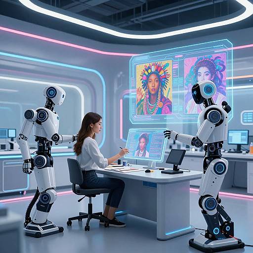 Photograph of a futuristic office: Woman in white blouse, black pants, and black chair interacts with two white robots, holographic portraits of diverse women