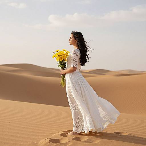 Photograph of a woman with long black hair in a white lace dress, standing in a sandy desert, holding a bouquet of yellow flowers, under a
