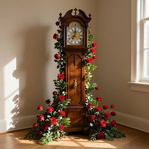 Vintage wooden clock adorned with red roses and green leaves, standing in a sunlit corner with wooden floor and white wall.