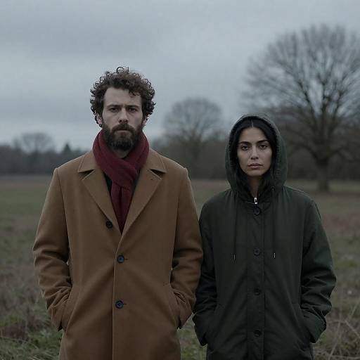 Somber Couple in Leafless Field
