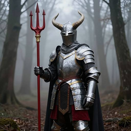Photograph of a knight in shiny metal armor with horns, holding a red trident, standing in a foggy, misty forest.