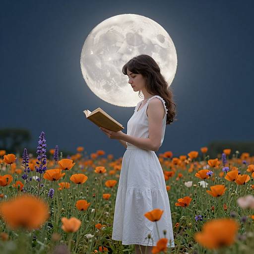 Photograph of a young woman with long brown hair, wearing a white sleeveless dress, reading a book in a vibrant field of orange poppies and