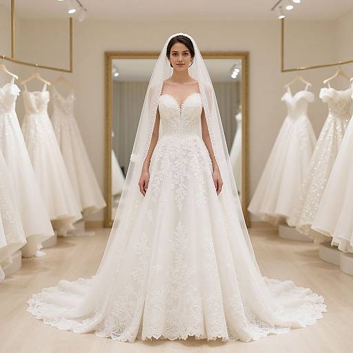 Photograph of a smiling Asian woman in an elegant white lace wedding dress with long veil, standing in a brightly lit bridal boutique with several white dresses on