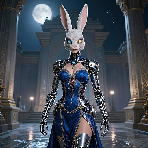 CGI image of a white-furred, cybernetic rabbit woman with glowing eyes, blue dress, and metal arms in a moonlit, ancient