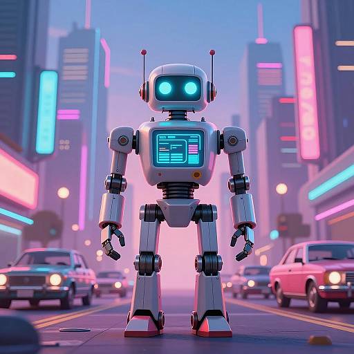Retro Robot in Neon Futuristic City