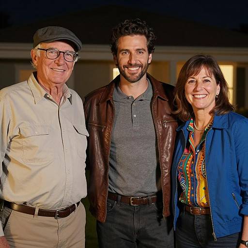 Three Adults Smiling Outdoors at Night