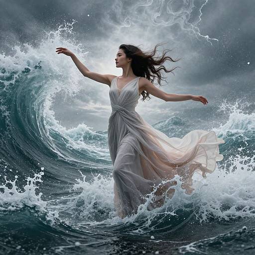 Photograph-like digital art of a dark-haired woman in a flowing white dress, standing triumphantly in a powerful ocean wave. Lightning bolts illuminate the storm