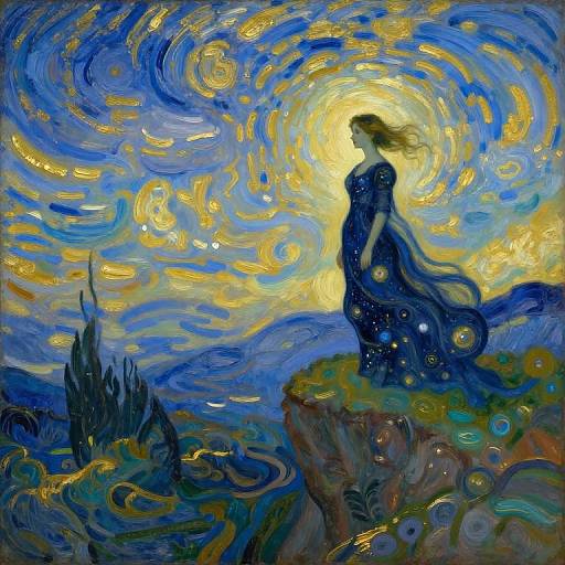 Starry night painting by Vincent van Gogh: Silhouetted woman in blue dress stands on cliff, surrounded by swirling blue, yellow, and