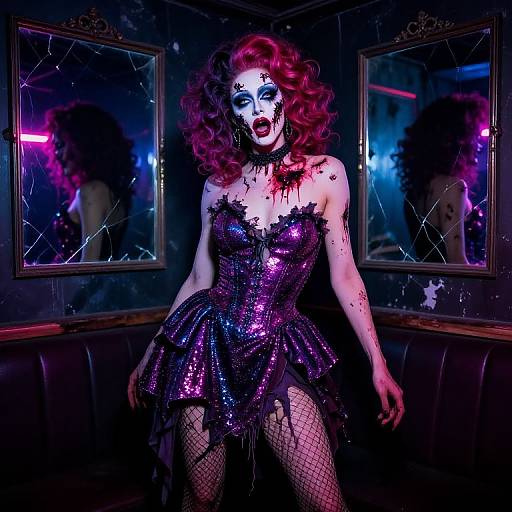 Gothic vampire woman with white face paint, red curly hair, purple sequin dress, fishnet stockings, dark mirror reflections, neon lights.