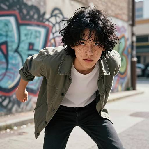 Photograph of an Asian teenage boy with messy black hair, freckles, wearing a green jacket and white shirt, leaning forward aggressively in a sun