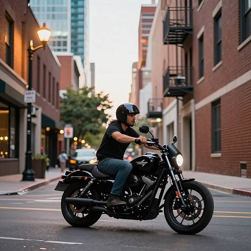 Photograph of a bearded man in a black helmet and shirt, riding a black motorcycle down a brick urban street at dusk.