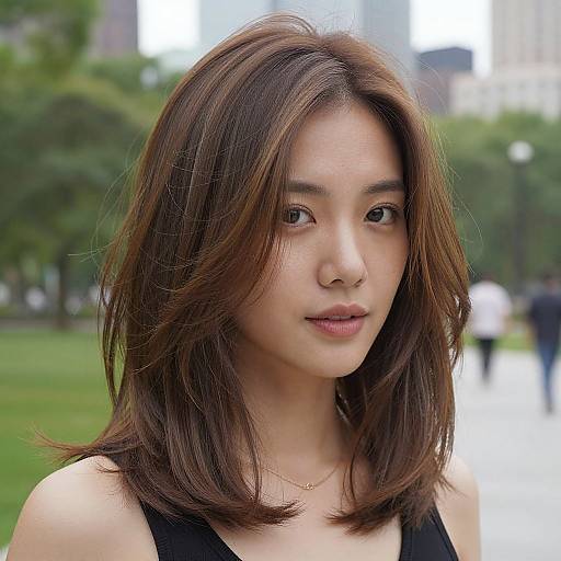 Photograph of an Asian woman with shoulder-length brown hair, wearing a black tank top, standing in a blurred urban park.