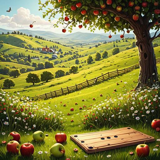 Sunlit Hilly Meadow with Apple Tree and Game Interface