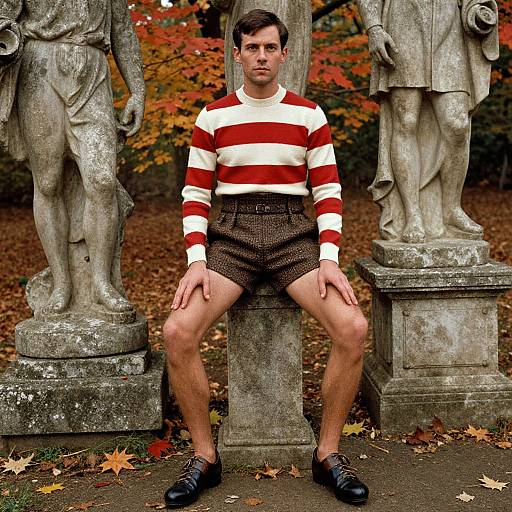 Photograph of a young man with short dark hair, wearing a red and white striped sweater, brown high-waisted shorts, and black shoes,