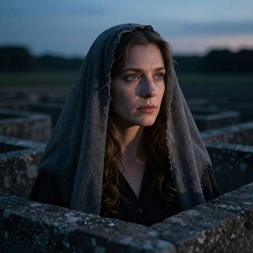 Photograph of a somber, blue-lit woman with wavy brown hair, wearing a tattered gray veil, standing among ancient stone ruins at