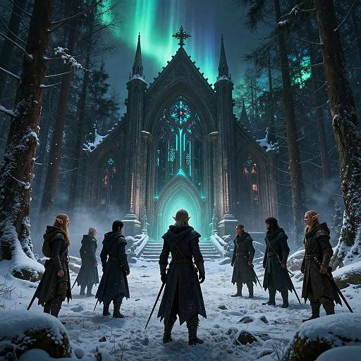 Digital fantasy artwork: Snow-covered forest, glowing blue aurora, gothic cathedral, six armored warriors with swords, standing in a circle facing the radiant
