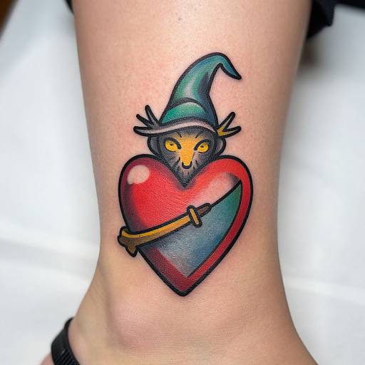 Colorful tattoo of a wizard with yellow eyes and green hat, holding a staff, embracing a red heart on a human ankle.