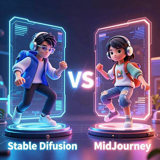 Digital CGI image of two anime-style boys in neon-lit, holographic frames, wearing headphones, vests, and jeans, facing each other with a
