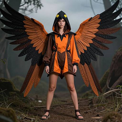 Photograph of a woman with black and orange feathered wings, wearing an orange and brown hooded dress, standing in a misty forest path.