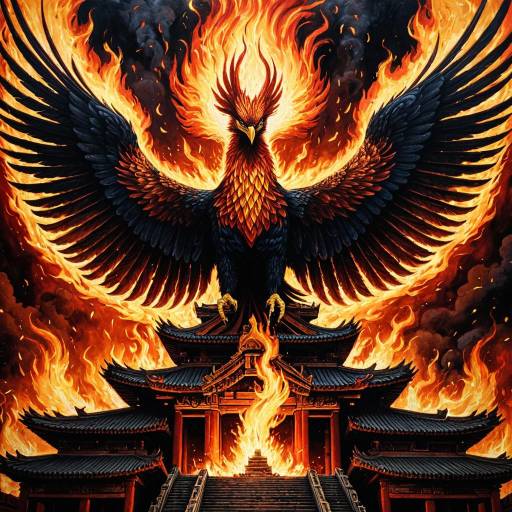 Fiery Phoenix Rising from Burning Temple