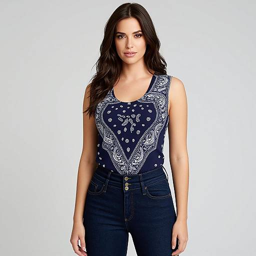 Photograph of a young woman with long dark hair, wearing a sleeveless navy blue shirt with white paisley patterns and dark high-waisted jeans