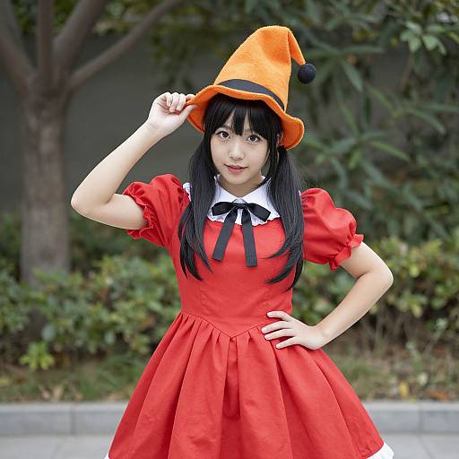 Photograph of an Asian woman in a red dress and orange witch hat, standing outdoors, hand on hip, adjusting hat, with greenery and trees