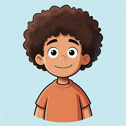 Cartoon drawing of a smiling young boy with curly brown hair, wearing an orange shirt, against a light blue background.