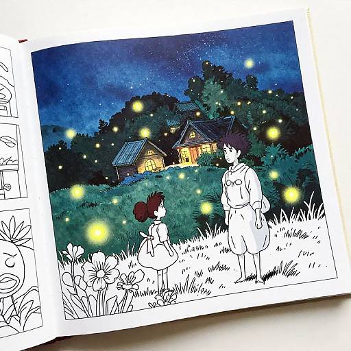 Illustration of a nighttime scene with glowing fireflies, a house with warm yellow lights, and two children in white dresses standing in a grassy field