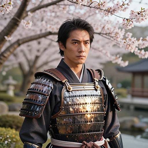 Photograph of a serious East Asian man in traditional Japanese samurai armor, standing amidst cherry blossom trees with a serene garden background.