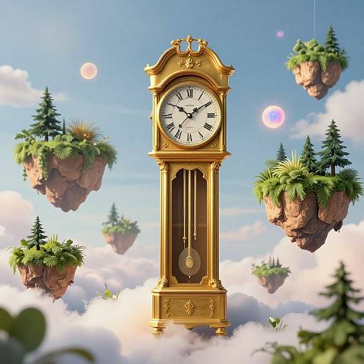 Digital art of a gold, ornate clock tower floating among cloud islands with pine trees and two floating moons in a bright blue sky.
