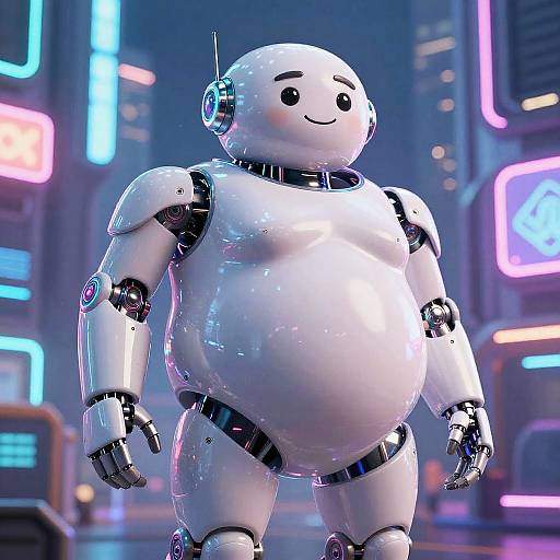 Friendly Futuristic Chubby Robo in Cyberpunk City