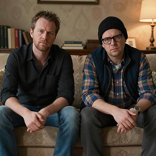 Two Men Sitting on Couch in Living Room