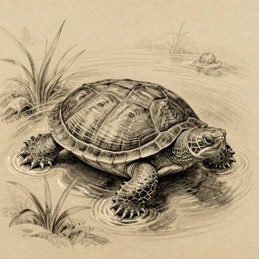 Intricate black-and-white pencil drawing of a detailed turtle with textured shell and spikes, swimming in a small pond with grass.