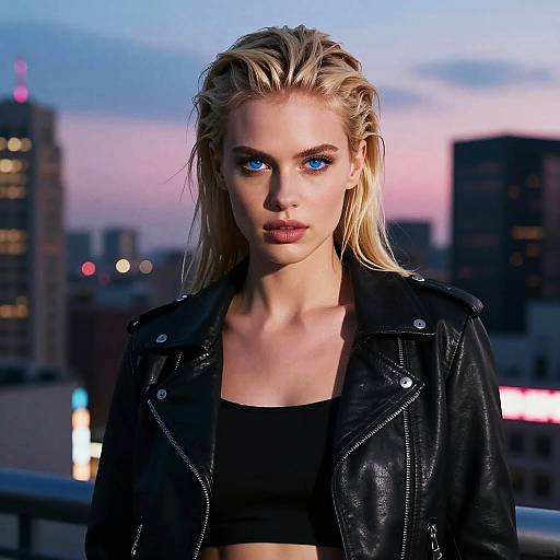 Photograph of a blonde woman with striking blue eyes, wearing a black leather jacket and crop top, standing on a rooftop at dusk with a cityscape