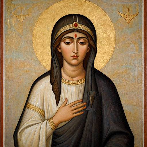 Digital painting of Mary, Mother of Jesus, with a gold halo, dark headscarf, white and black robe, hand on chest, red jewel