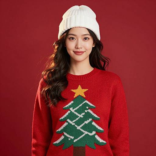Photograph of Asian woman with long black hair, wearing white knit hat and red sweater with green Christmas tree and yellow star, against red background.